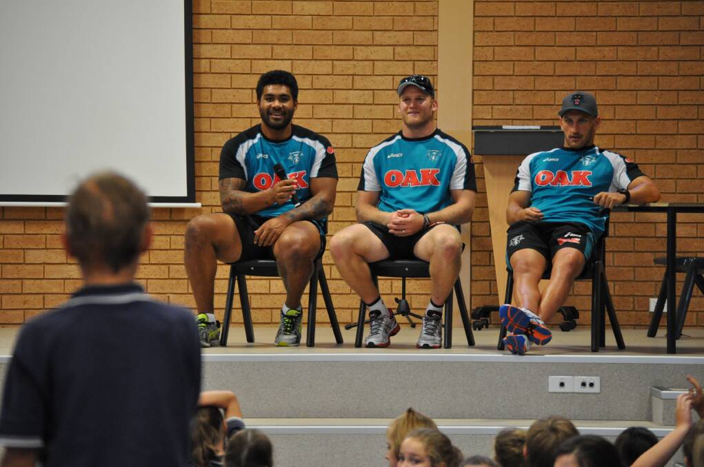 Febraury 8 - Penrith Panthers trio Mose Masoe, Nigel Plum and Lewis Brown were speaking to students at St Mary's Primary School about the negative impact bullying has on people. Photo: NICK MCGRATH 0208nmPanthers