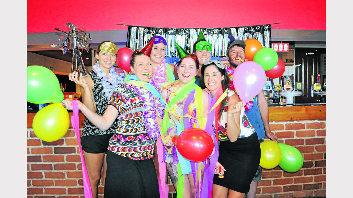 PARKES: This group was certainly in the spirit of a happy greeting for 2014 at the Railway Hotel. From left - Luisa Lippert, Casey Evans, Maren Niehues, Anne Moles, Bianca Sheridan, Kasie Ferguson and Leighton Nicholson. Photo:BARBARA REEVES