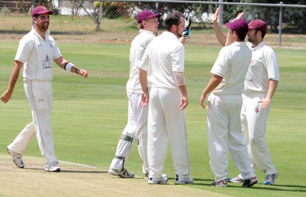 Cavaliers are all smiles after claiming a Kinross wicket in their ODCA first grade fixture at Riawena Oval on Saturday. Photo: STEVE GOSCH