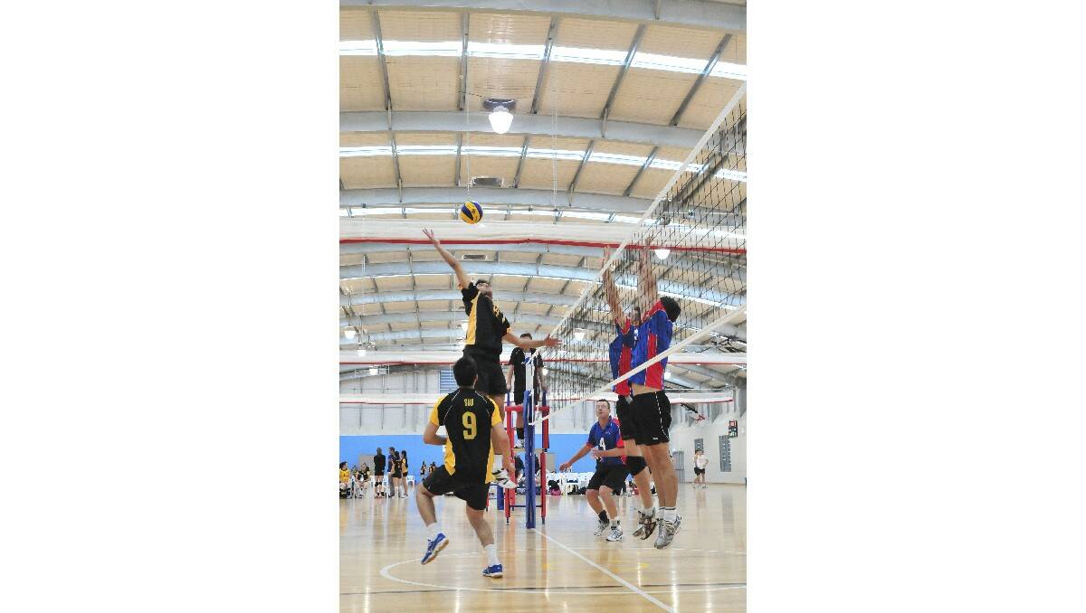 MIGHT AS WELL JUMP: Robert Chan (UNSW, No14) in action during the Volleyball State Cup at Anzac Park.