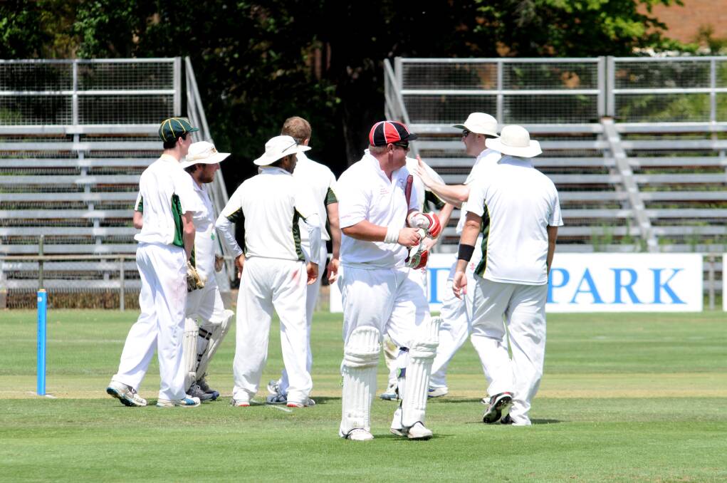Centrals' Dean Turner walks off after being dismissed LBW against Orange CYMS in the ODCA first grade game at Wade Park on Saturday. Photo: STEVE GOSCH