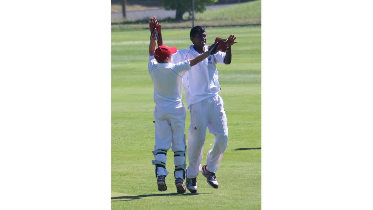 Illawarra's Noah Butler and Gyan Wijekulsuriya celebrate a wicket against Mitchell at Riawena Oval on Tuesday. Photo: MELISE COLEMAN