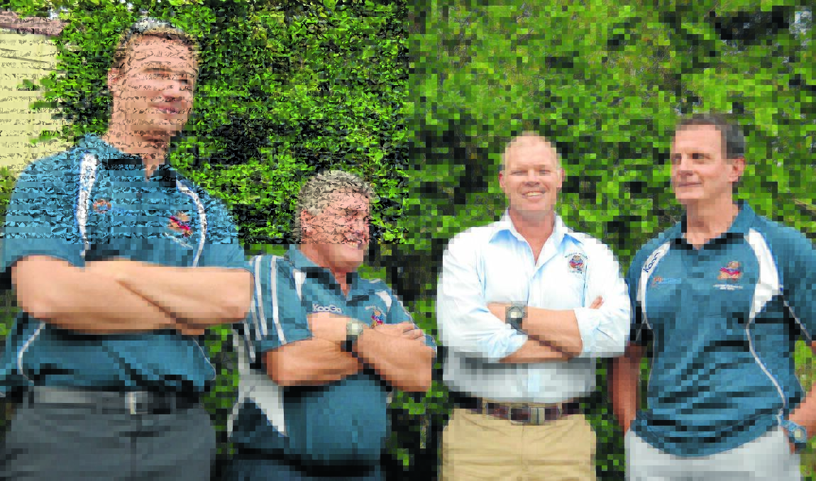 AT THE HELM: Mudgee Wombats president Greg Bartrim (second from left) with the club’s coaches for the Blowes competition - Tom Flynn (colts), Justin Sutherland (first grade), Tim Burgess (colts). Absent: George Hamilton and Angus Rae (second grade). Photo: BEN HARRIS