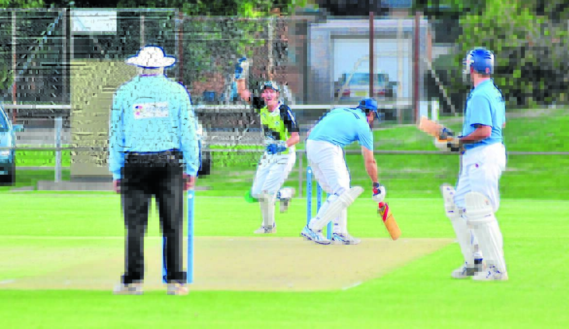 GOT HIM: Orange City wicketkeeper Lincoln Duncan appeals for the wicket of Molong batsman James Brazier in the Royal Hotel Cup semi-final. 							               Photo: JUDE KEOGH  0215wadecrick2