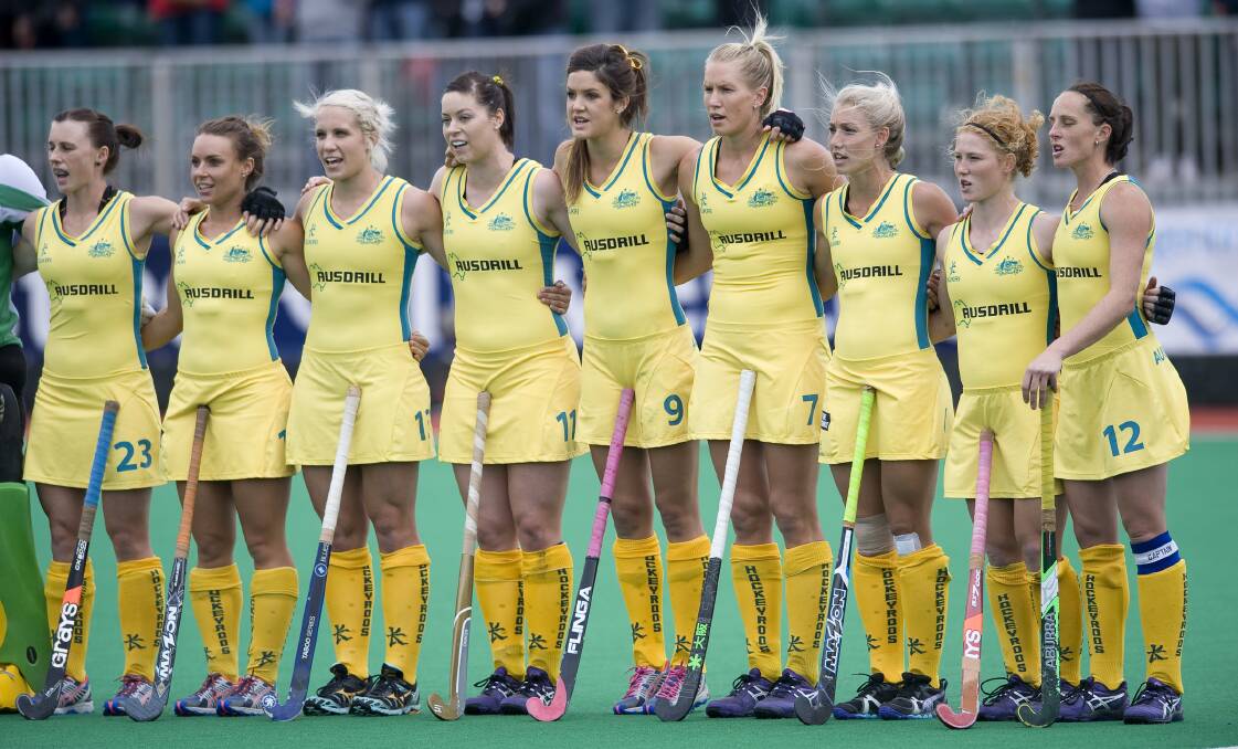 GOLDEN GIRL: Orange's Edwina Bone, third from the left, helped the Hockeyroos to the Investec World League final win in London yesterday.