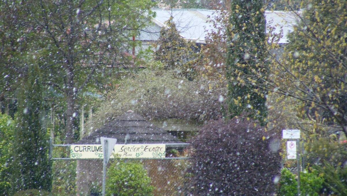 A light fall of snow has started in Oberon. This photo was taken by Karen McCusker at the Oberon Review. 