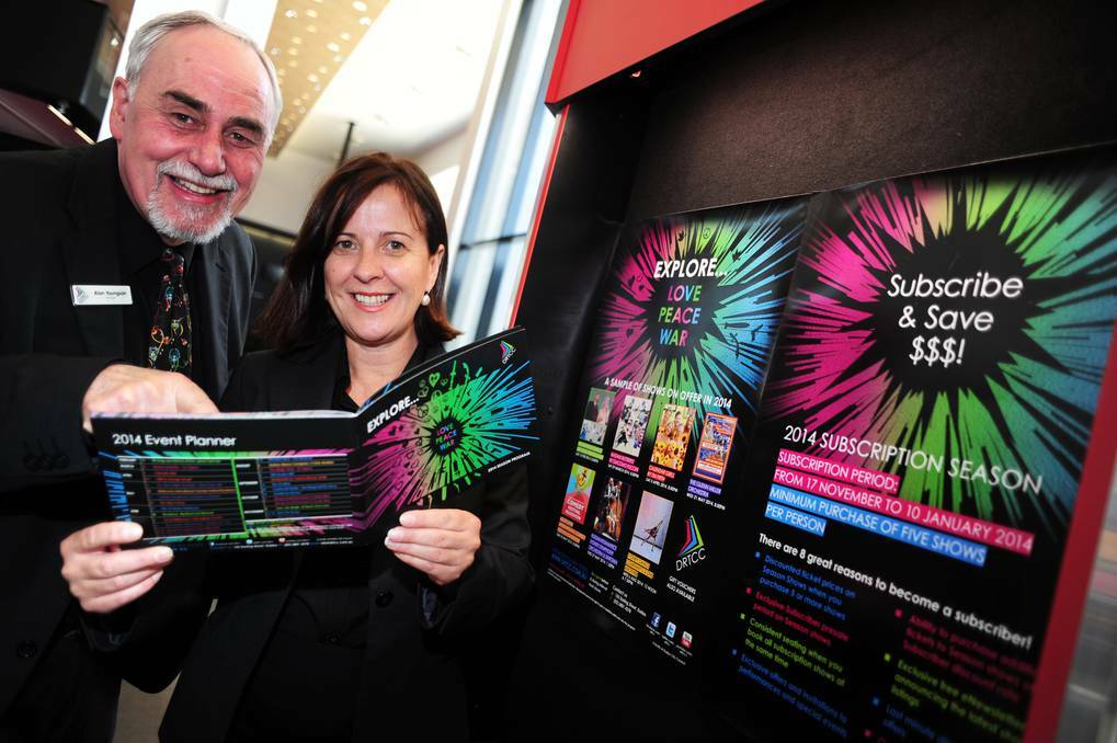 DUBBO: Checking out the booklet detailing the 24 shows of Dubbo Regional Theatre and Convention Centre's 2014 season are manager Alan Youngson and operations co-ordinator Linda Christof. Photo: BELINDA SOOLE