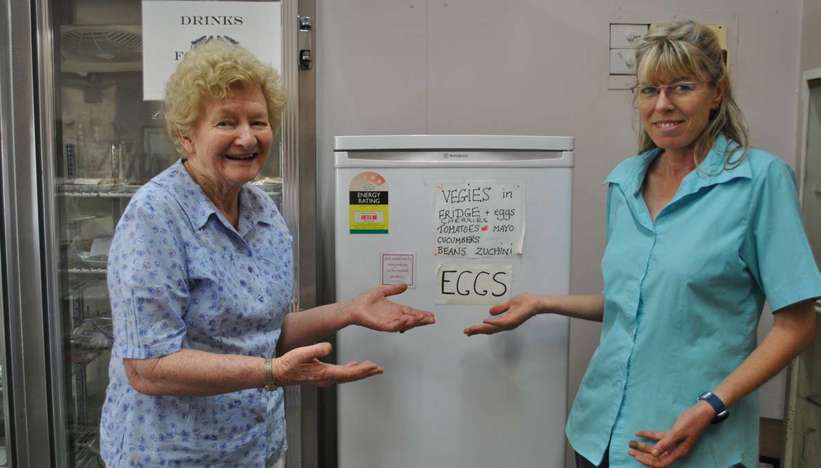 FORBES: Volunteers at Forbes Handicraft Centre, Margaret Vogelsang and Mardi Pierpoint, in front of the fridge which normally stocks eggs for sale. They say there has been an increase in demand for eggs. 0114eggshortage