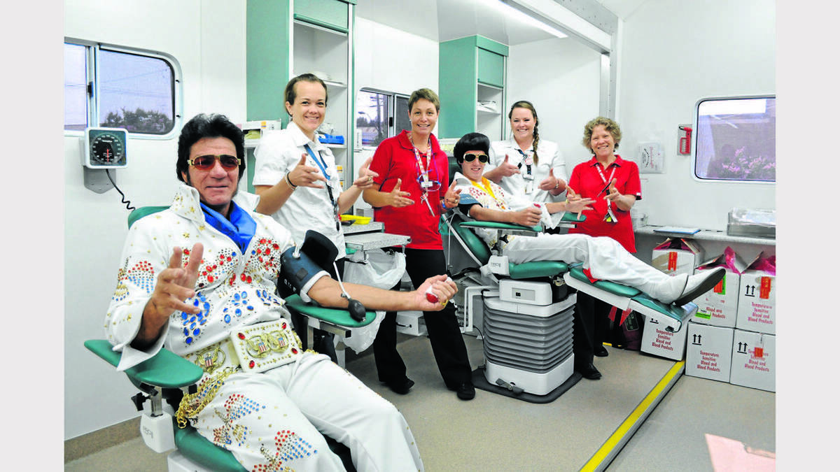 PARKES: There are sightings of Elvii all over town this time every year, with the Mobile Blood Bank no exception. Happy to help - from left Elvis Al Gersbach, Cylie Kemper (Enrolled Nurse), Tanya Warren (Enrolled Nurse), Elvis Luke Nash, Addy Ingham (Donor Services Nursing Assistant), Sue Rollin (Registered Nurse. Photos: Barbara Reeves