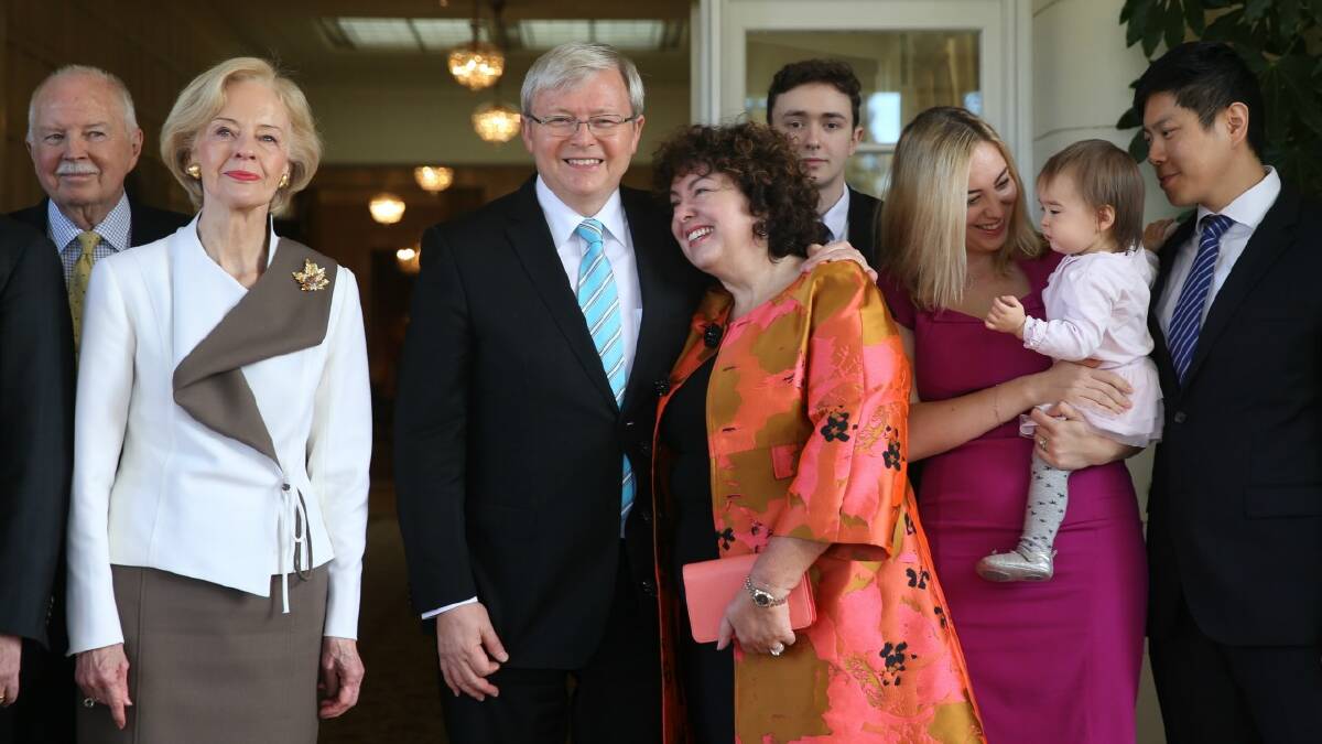 Prime Minister Kevin Rudd, his wife Therese Rein, Governor General Quentin Bryce,  her husband Michael Bryce, Mr Rudd's son Marcus, daughter Jessica and granddaughter Joesphine and son-in-law Albert Tse at Government House in Canberra. Photo: Andrew Meares