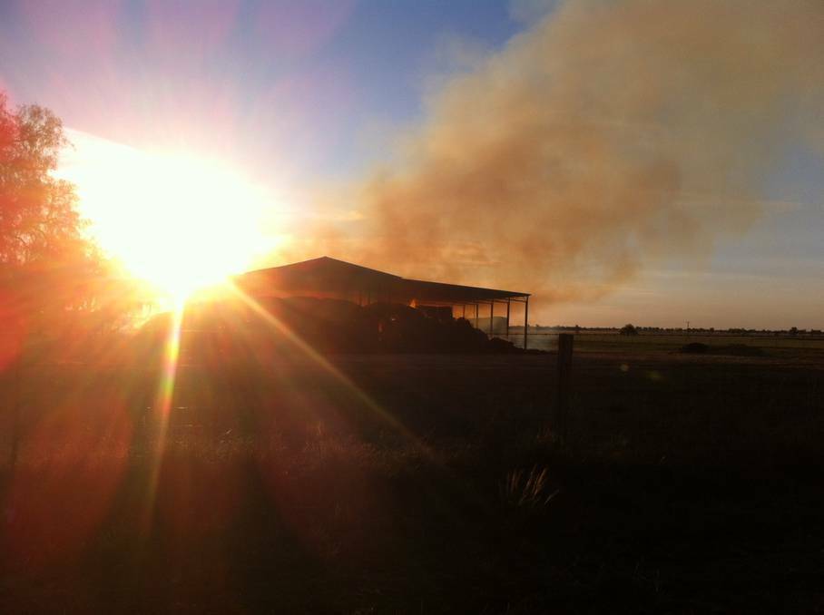DUBBO: The hay shed at Lynda Vale on fire on Sunday afternoon. Photo: MEGAN TAYLOR