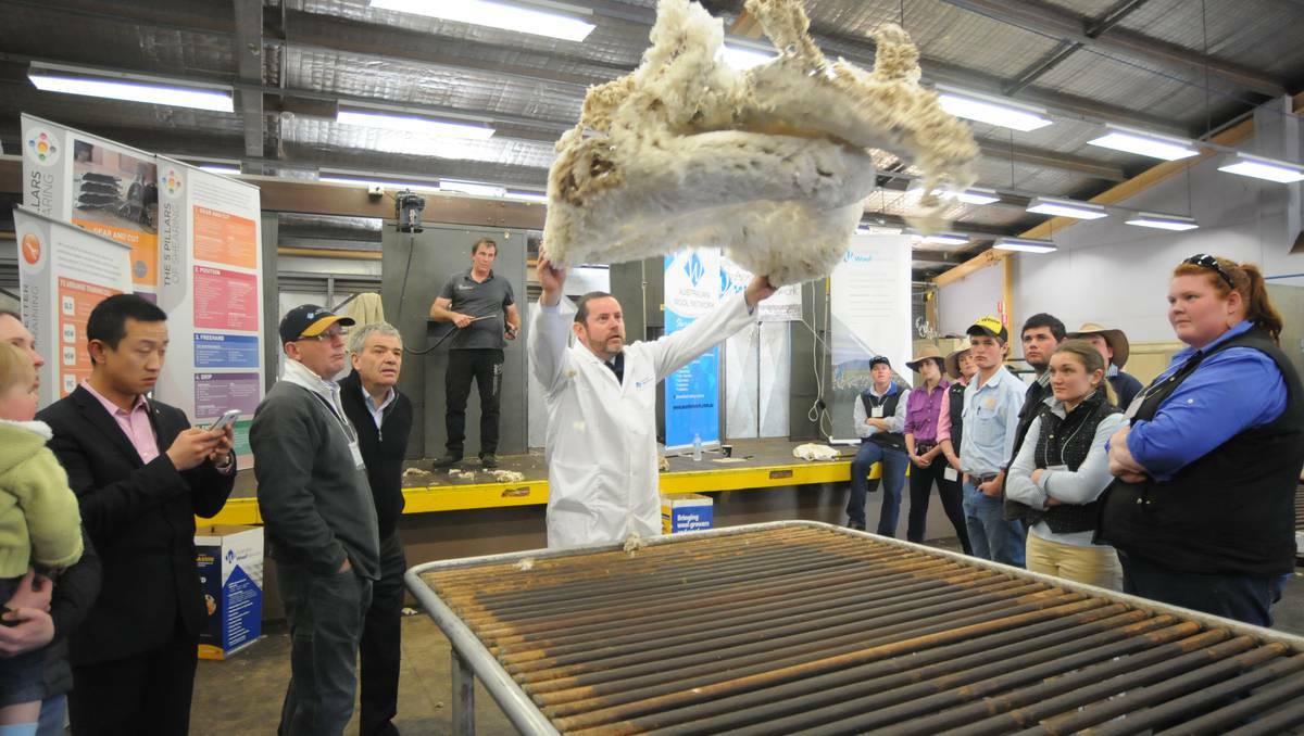 DUBBO: Greg Sawyer from Australian Wool Network throws a fleece for students during an activity at the inaugural National Merino Challenge at Dubbo.	Photo: CHERYL BURKE
