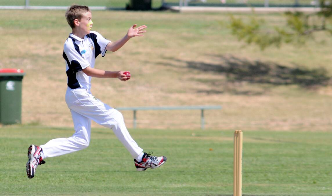GREATER HEIGHTS: Harry Reynolds in action for Wagga during the under 13 Western NSW Junior Cricket Carnival in Orange. Photo: STEVE GOSCH 