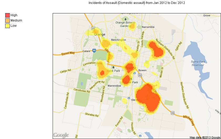 HOT SPOTS: A Bureau of Statistics map highlighting Bowen and Glenroi as hotspots for domestic violence.