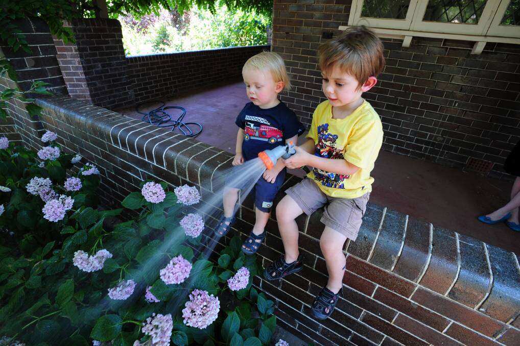 PRECIOUS COMMODITY: James and Charlie Jones help their parents water the garden on the weekend using a water saving trigger hose.   	                 Photo: STEVE GOSCH 0112sgwater1
