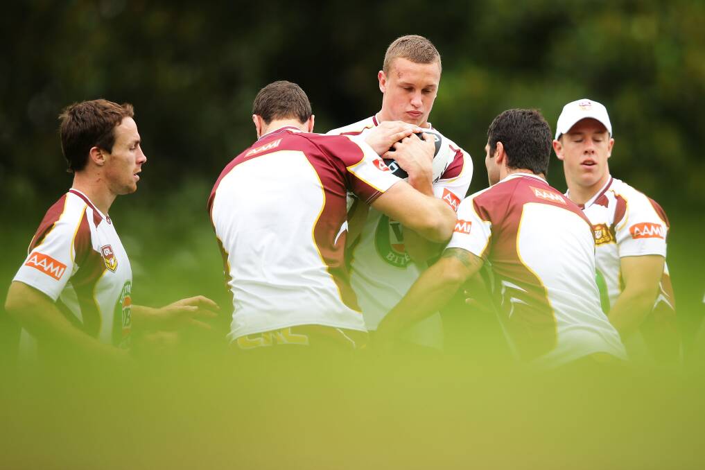 BIG FUTURE WRAPPED UP: Jack Wighton is surrounded by NSW Country team-mates during a training session at Morse Park in Sydney ahead of the City-Country Origin game at Coffs Harbour on Sunday. Photo: GETTY IMAGES