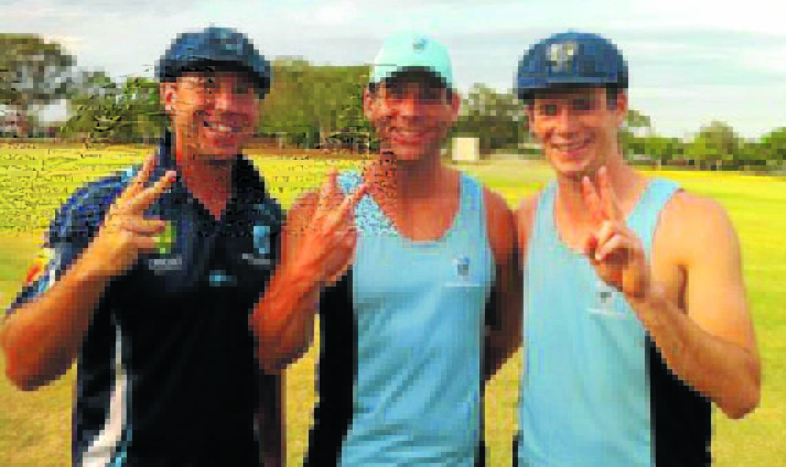BACK-TO-BACK: Trent Colley, Pat Rosser and Josh Bennett celebrate the Bush Blues historic second consecutive Australian Country Cricket Championship title in Bundaberg.