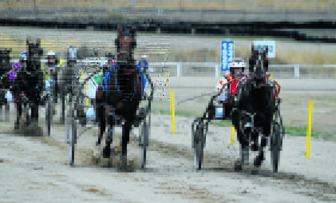 OUTSIDE RUNNER: Nathan Hurst drives Prince Raymac (left) to victory in the first at Highlands Paceway yesterday. Photo: STEVE GOSCH 0202sgtrots1