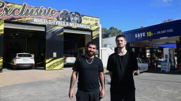 Business owner Mikkel Isaac and Michael Marsile outside the new Exclusive Wheels Tyres and Mechanical shop. Picture by Carla Freedman