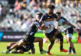 Rob Valetini powers forward during the Brumbies' Super Rugby win over the Hurricanes. (Lukas Coch/AAP PHOTOS)