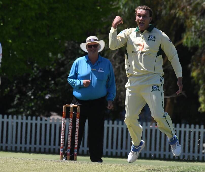 Jarryd Seib celebrates one of his four wickets for Orange City against CYMS in round nine of the 2023/24 BOIDC season. Picture by Jude Keogh