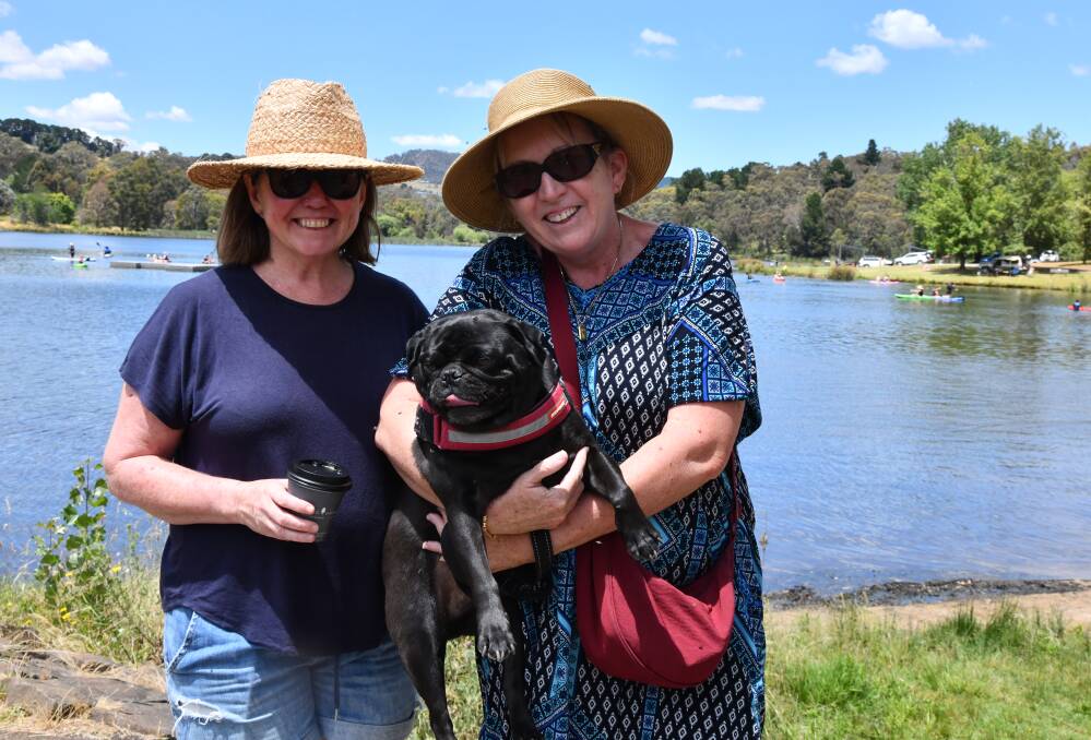 Rebecca Jaques, Gillian Hargans and Archie try and stay cool at Lake Canobolas. Picture by Carla Freedman