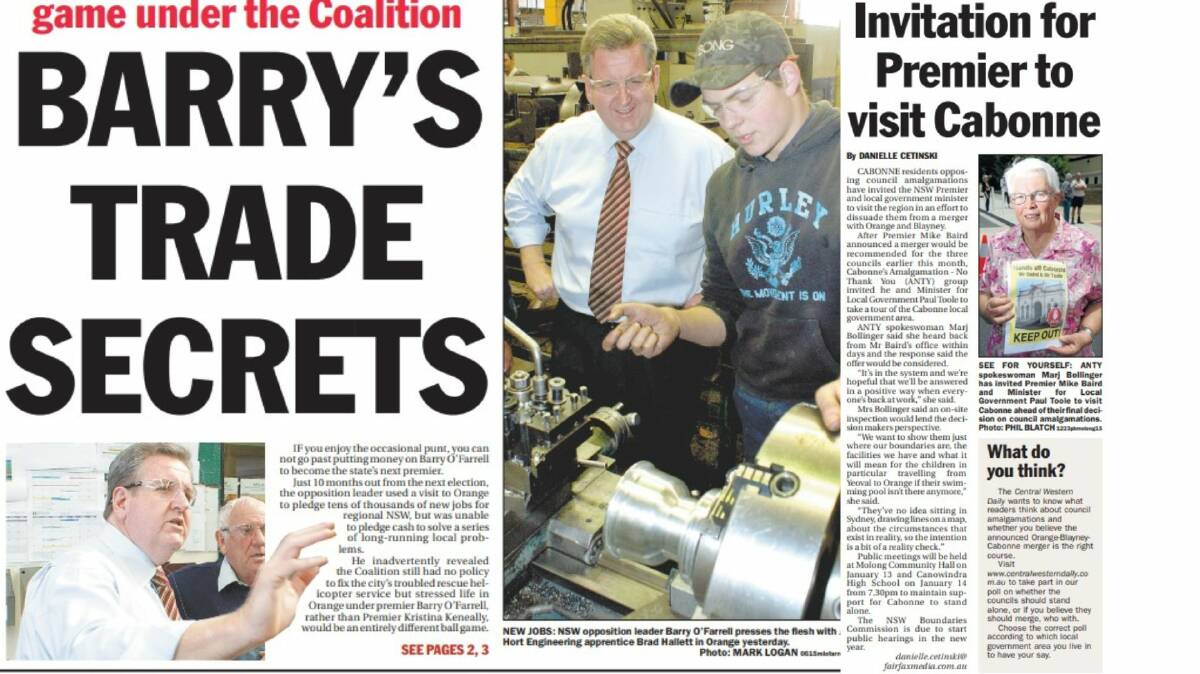 Opposition leader Barry O'Farrell's visit to Orange in 2010 and an invitation to Premier Mike Baird in 2015.