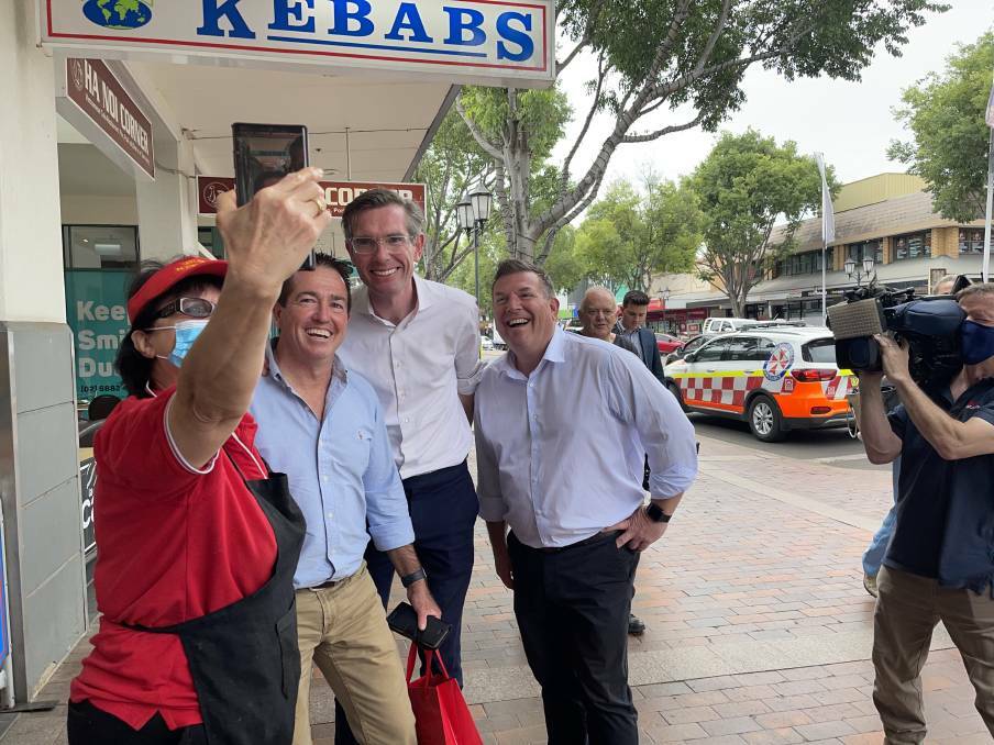NSW Premier Dominic Perrottet with deputy premier Paul Toole and Dubbo MP Dugald Saunders in Dubbo in 2021.