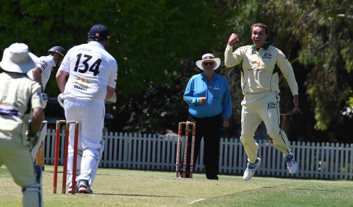 Jarryd Seib jumps for joy as he takes a wicket for Orange City. Picture by Jude Keogh