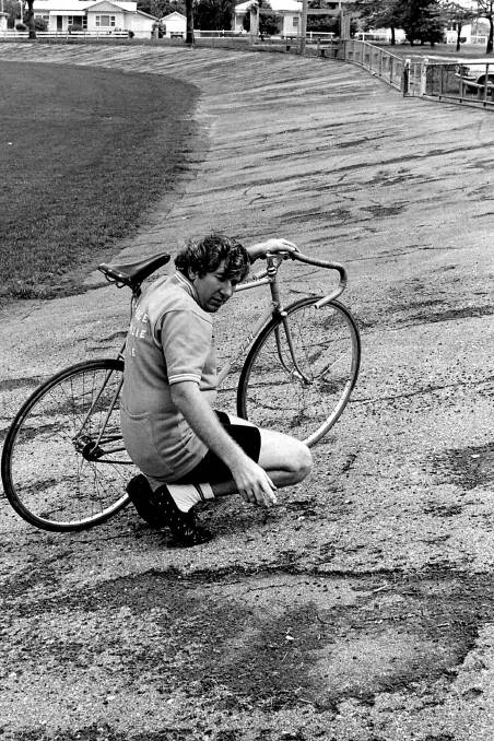 Laurie Mackenzie points out a bad area of the track at the Orange velodrome before it was repaired in 1974. File picture