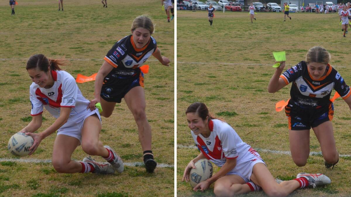Manildra Rhinos player Brooke Cusack touches down as Canowindra Tigers defender Jade Harding grabs her tag. Pictures by Dominic Unwin