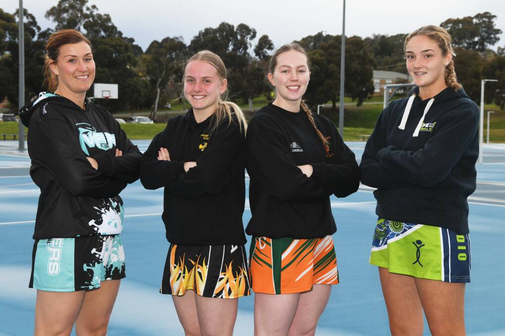 Sophie Fardell (Vipers), Asha Nicol (OHS), Maddie Cole (City) and Lucy Wilson (Life Studio) at Anzac Park. Picture by Carla Freedman