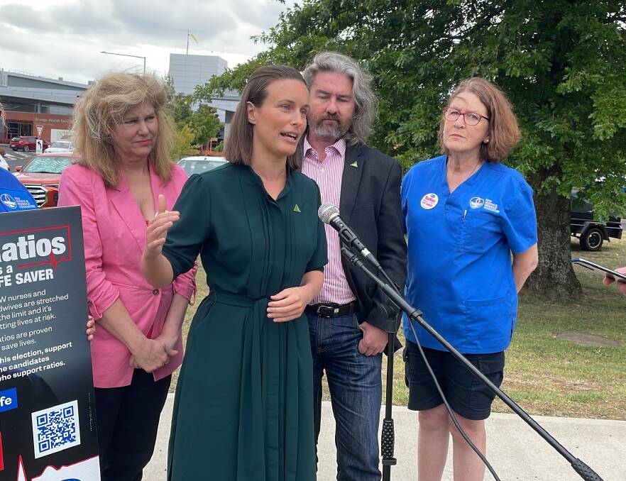 (L-R) Greens candidate for Bathurst Kay Nankervis, upper house candidate Amanda Cohn, candidate for Orange David Mallard and NSW Nurses and Midwives Association organiser Tracey Coyte. Picture by Dominic Unwin