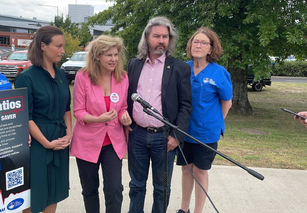 (L-R) Greens candidates Amanda Cohn (upper house), Kay Nankervis (Bathurst), David Mallard (Orange) and Nurses and Midwives Association organiser Tracey Coyte. Picture by Dominic Unwin