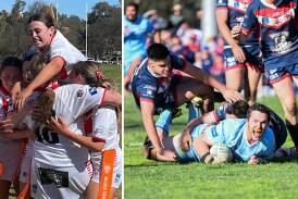 The Manildra Rhinettes celebrate a try in the 2023 grand final while Blake Gorrie scores the match-winning try in his 100th first grade game for the Gulgong Bull Terriers. Picture by Dominic Unwin and Col Boyd/Supplied