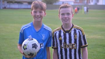 Hudson Diduszko and Jesse Board in their Juventus jerseys at Perry Oval. Picture by Dominic Unwin