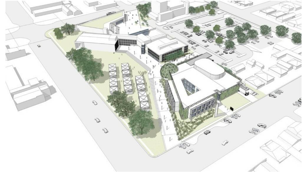 THE PLAN: The development will sit on the north-east corner of the civic block. This is the view from March Street. Note the farmer's markets will be catered for on the Peisley Street side.