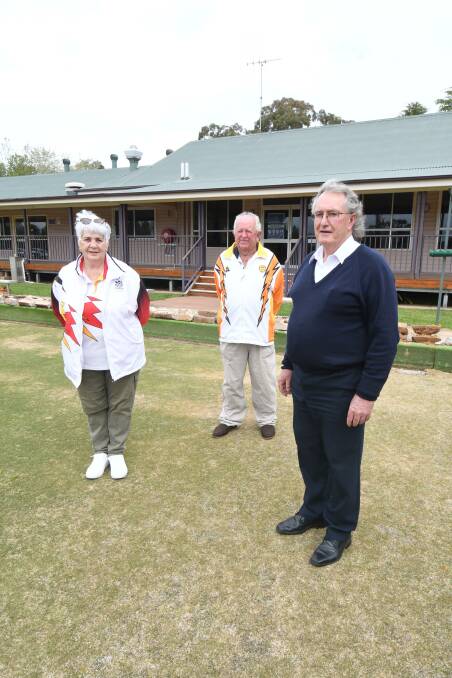 HOME COMING: Country Club Bowls presidents Trish Wilson and Peter Baker with Ex-Services president Graham Gentles during an inspection of the club last year. Photo JUDE KEOGH