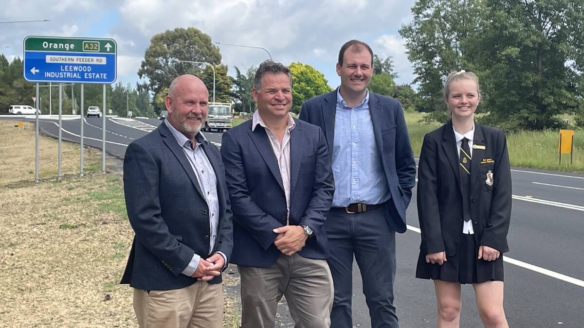 Orange mayor Jason Hamling, Member for Orange Phil Donato, NSW minister for Regional Transport and Roads Sam Farraway and Orange High School captain Ella Lamrock, standing in for Member for Calare Andrew Gee at Thursday's opening of stage three of the Southern Feeder Road.