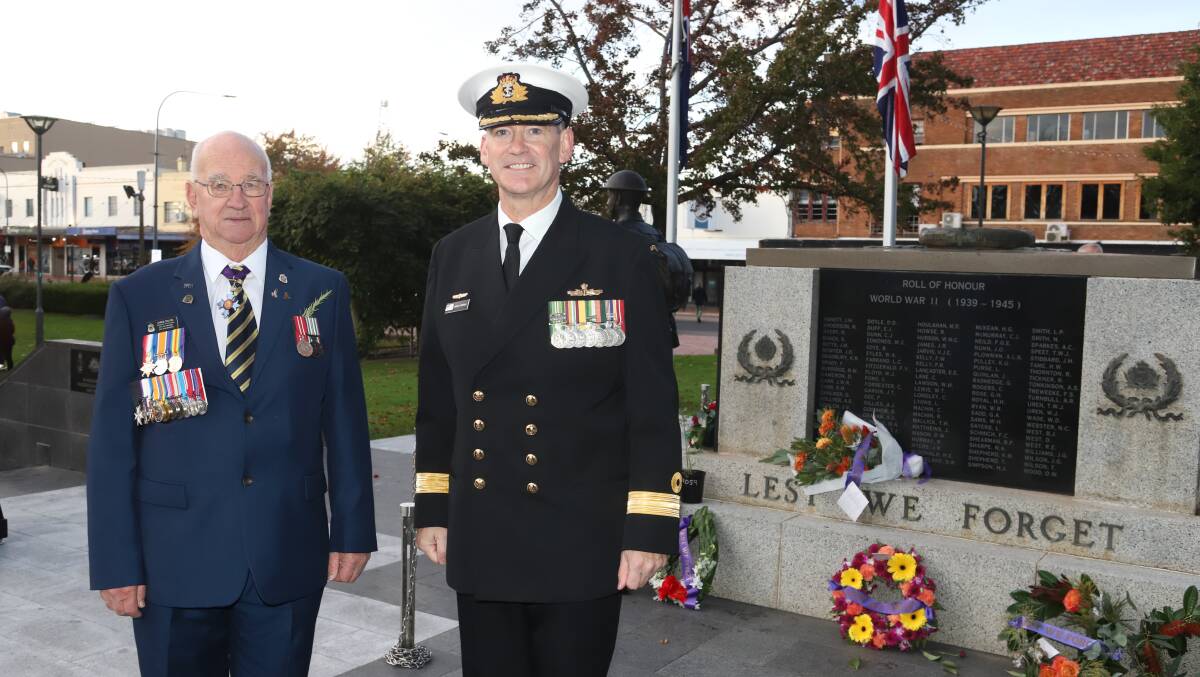 WE WILL REMEMBER: RSL Orange Sub Branch president Chris Colvin with Commodore Charles Huxtable RAN after Monday's dawn service. Photo CARLA FREEDMAN