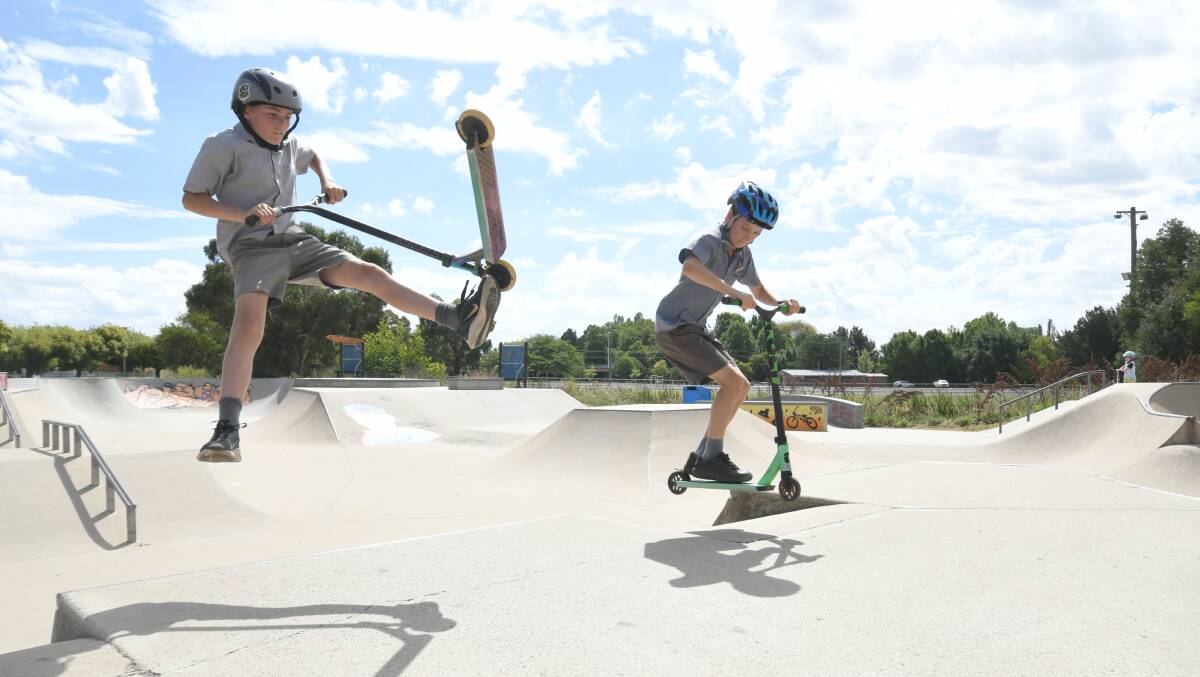 SKATE MATES: Max Baxter and Josh Blackwell at the skatepark. Playgrounds are a hot topic on the yoursay website. Photo JUDE KEOGH