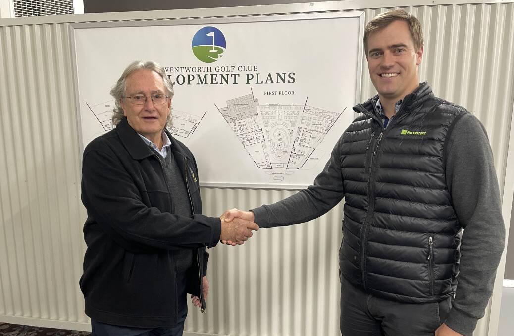 Orange Ex-Services' Club president Graham Gentles and Renascent Regional's Robert Close in front of the plans for 'The Wentworth'.