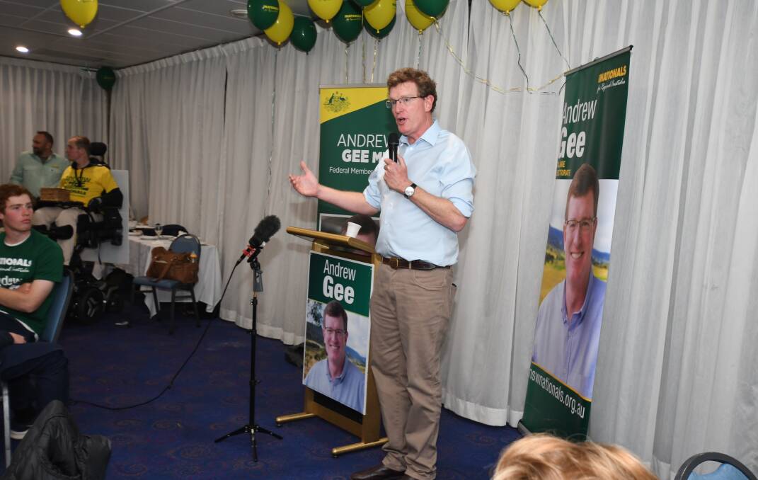 COMFORTABLE WIN: Andrew Gee addresses his supporters after winning Calare in the Federal Election last weekend. While Mr Gee increased his majority, the Coalition failed to keep the leadership. Photo JUDE KEOGH