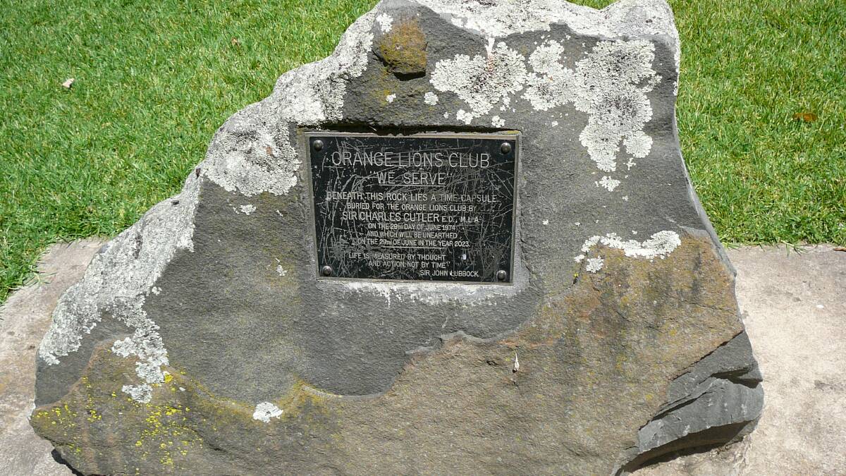 The Robertson Park time capsule site. The capsule will be unearthed next year. Inset: detail of time capsule plaque.