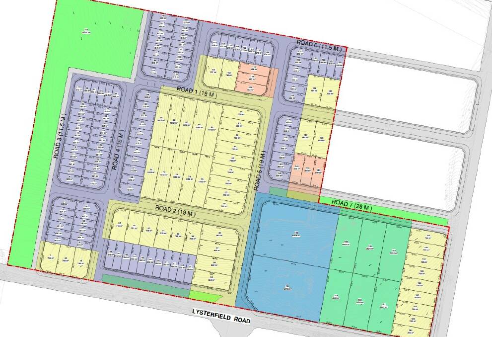 VARIED: A 164 lot subdivision proposed for 157 Lysterfield Road. The mauve areas are above 200sqm, orange 400 squ, yellow 700squ, green 2000 squ and blue above 5000 squ.