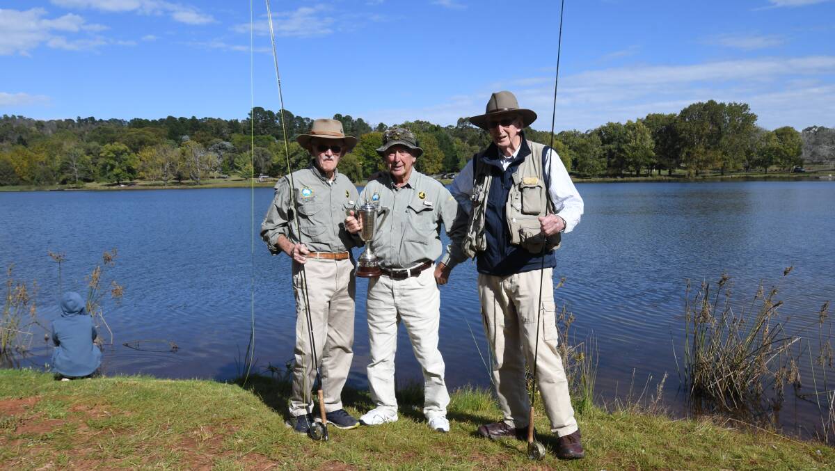 KEEN: Former president Rodney Tonkin pictured on the right, said the Orange Trout Acclimatisation Society had long-term hopes it could use Suma Park. Mr Tonkin is pictured with former Australian representatives Glen Cumberland and Kevin Laughton. Photo CARLA FREEDMAN