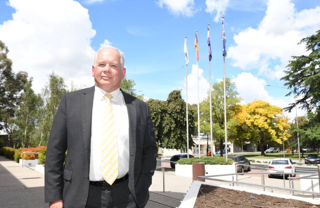 SUPPORT: Cr Jeff Whitton outside the Orange Civic Centre. Council will fly the Ukrainian flag in a show of solidarity for the embattled nation. Photo JUDE KEOGH