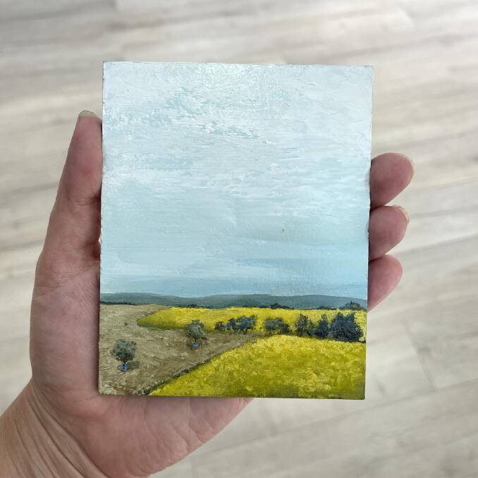COUNTRY LANDSCAPES: 'Good Canola' shows one of Sarah Randall's near pocket-sized pieces for purchase during The Good Place exhibition. Photo: LEIARNA DUNWORTH.