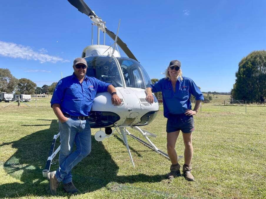 JOY RIDES: Mudgee-based Commercial Helicopters' helicopter pilot, Glenn Hurrell with crew person Brodie Leeson and the Bell 206 L3 LongRanger chopper are ready for expo action. Photo: EMILY GOBOURG.