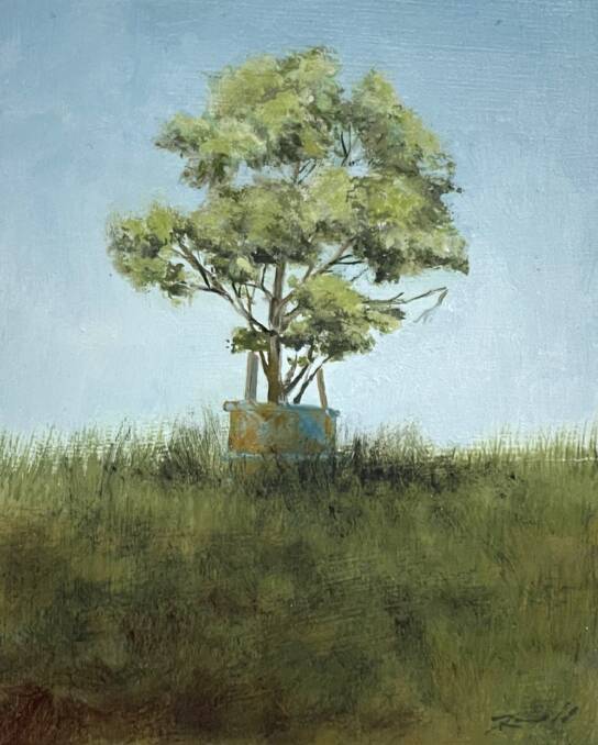 QUIRKY SCENERY: The artist's 'A Good Bin Tree' painting, where crooked trees are surrounded by rusty bins to protect them from Suffolk sheep. Photo: LEIARNA DUNWORTH.
